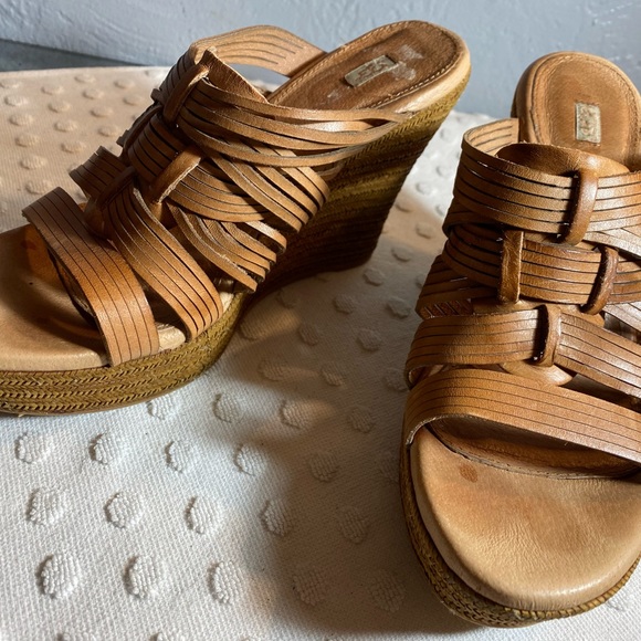 UGG Melinda Brown Leather Woven Strap  Platform Slip-On Wedge Sandals - Picture 8 of 16
